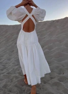 Shona Joy Dress Midi Size AU 8 /US 4 Priscilla Balloon Sleeve White Cross Back - Picture 1 of 24