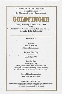 30th Anniversary Screening of "GOLDFINGER" Program Card 1994 - Picture 1 of 1