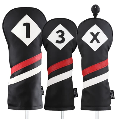 Majek Retro Golf 1 3 X Driver & Woods Headcover Black Red White Leather Style - Image 1 of 4