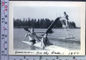 Summer Lake Water Canoe Paddle Sliding Board Fun BW Photo Snapshot - Picture 1 of 1