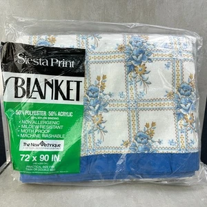 Vintage NOS Siesta Print Blanket Nylon Edge Biding Cottage Core Retro Farmhouse - Picture 1 of 11