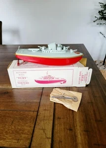 Vintage 1950s Sutcliffe Fury Clockwork Wind Up Tin Torpedo Boat in Original Box  - Picture 1 of 15
