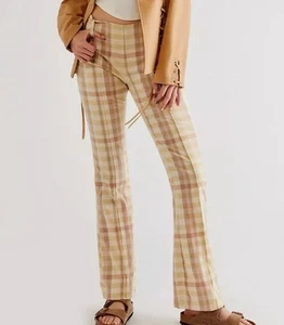 Free People Linen Flare Pants Size 8 The Way You Move Plaid White Brown Green - Picture 1 of 14