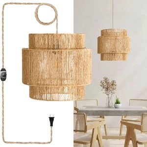 Jute Hanging Lamp Plug In, Natural Wicker Pendant Light with 3-Way Dimmable S... - Picture 1 of 7
