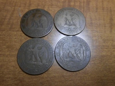 4 MONEDAS FRANCIA 10 DIX CÉNTIMOS 1857A, 1864, 2 1854D Napoleón III Emperador   Foto 1 de 2