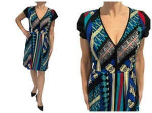 PLENTY by TRACY REESE Colorful Graphic Cap Sleeve V neck Suede Trim Dress 12 - Picture 1 of 11