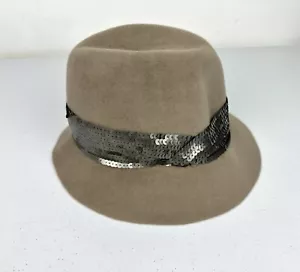 Eugenia Kim Fedora Hat 100% Rabbit Hair Gray Taupe Suede Sequin Ribbon - Picture 1 of 5