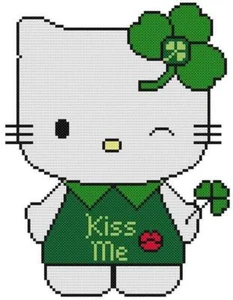 KREUZSTICH + BASTELMUSTER Hello Kitty Irish Wink Patricks Day Kleeblatt Kiss Me - Bild 1 von 14