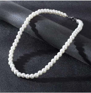 Faux Pearl Necklace 8 mm Round White Shell Pearl Choker 18" - Picture 1 of 5