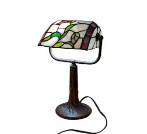 Tiffany Style Tree Trunk Stained Glass Banker's Lamp - Solid Cast Metal Base - Picture 1 of 10