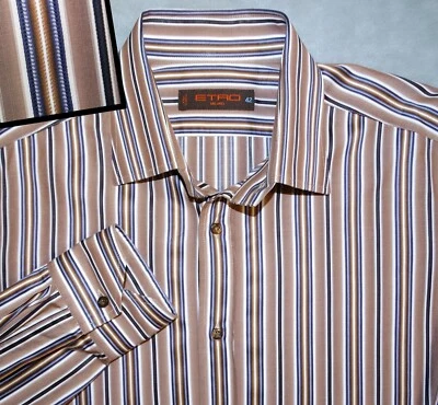 ETRO MENS SHIRT L 17 42 ITALIAN BROWN INDIGO/PURPLE STRIPED - Image 1 of 4