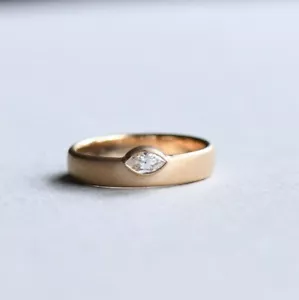 East To West Broad Band Solitaire Bezel Set Marquise Cut Moissanite Ring For Her - Picture 1 of 4