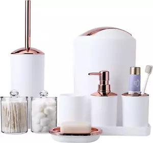 Complete White Bathroom Accessories Set 9Pcs - Trash Can, Soap Dispenser, Soap D - Picture 1 of 7