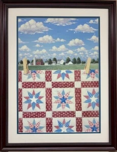 Rebecca Barker "Blue & White Quiltscape" Nuevo ENMARCADO PERSONALIZADO Arte Granja NUEVO - Imagen 1 de 3