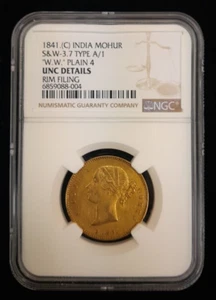 1841  C British India Mohur S & W-3.7 Type A/1 "W.W." Plain 4 NGC UNC Det Gold - Picture 1 of 10