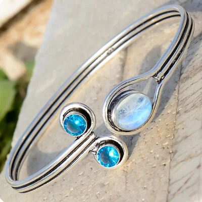 Браслет-манжета из стерлингового серебра 925 пробы с лунным камнем, голубым топазом и драгоценными камнями мужской браслет - Изображение 1 из 4