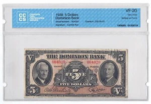 1938 $5 Dollars The Dominion of Canada Banknote CCCS Graded VF-20 - Picture 1 of 2