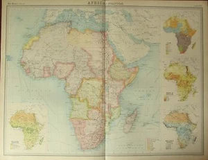 1922 LARGE ANTIQUE MAP ~ AFRICA POLITICAL ~ INSET MEAN RAINFALL POPULATION RACES - Picture 1 of 3
