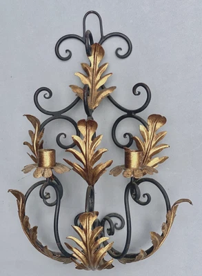Vintage Wrought Iron Gilt Metal Wall Sconce Candleholder Hollywood Regeny Italy - Image 1 of 4