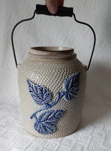 Antique Stoneware Crock with Bail Handle, Underglaze Blue Leaf Motif - Picture 1 of 8
