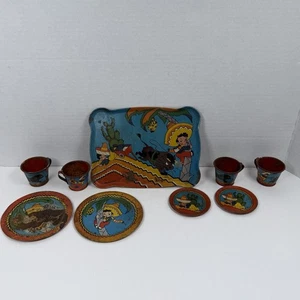 1940s Ohio Art #80 Mexican Boy Child’s Tin Tea Set - Picture 1 of 9