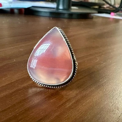 Anillo a rayas de ágata rosa y plata de ley 925, talla 9 Foto 1 de 4