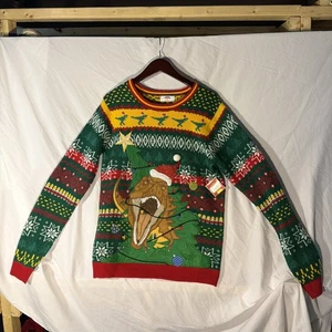 Holiday Time Sweater Mens Medium Green Ugly Christmas T-Rex Crashing Tree 38-40 - Picture 1 of 6