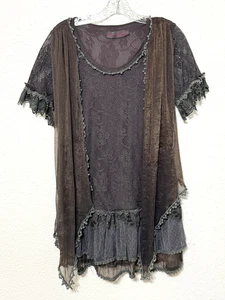 Graziosa tunica angelo top donna piccolo grigio marrone pizzo trasparente sovrapposizione boho volant - Foto 1 di 16