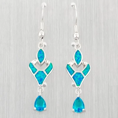 5x7 Pear Simulated Blue Topaz Blue Fire Opal Silver Jewelry Dangle Drop Earrings - Image 1 of 4