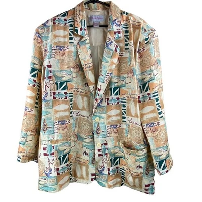 Vintage 100% Silk Blazer Womens Size L Fishing Graphic Coastal Beach - Image 1 of 4
