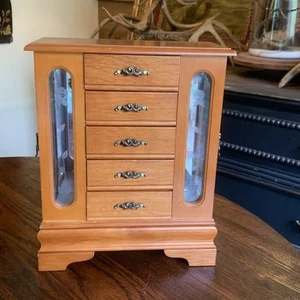 Vintage Wooden Jewelry Box/ Cabinet W/ Etched Glass Doors Drawers & Hanging - Picture 1 of 24