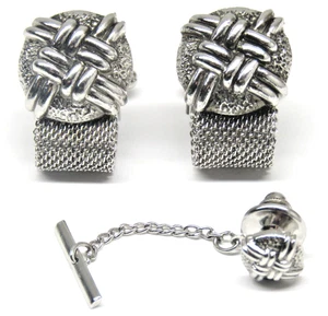 Vintage gewebte Manschettenknöpfe Krawattennadel Set Silber Kugelrücken Herren formell - Bild 1 von 4