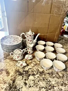 Vintage Rose Chintz Lefton Tea Pot/Coffee Pot Snack/Dessert Set 27 Pieces - Picture 1 of 8