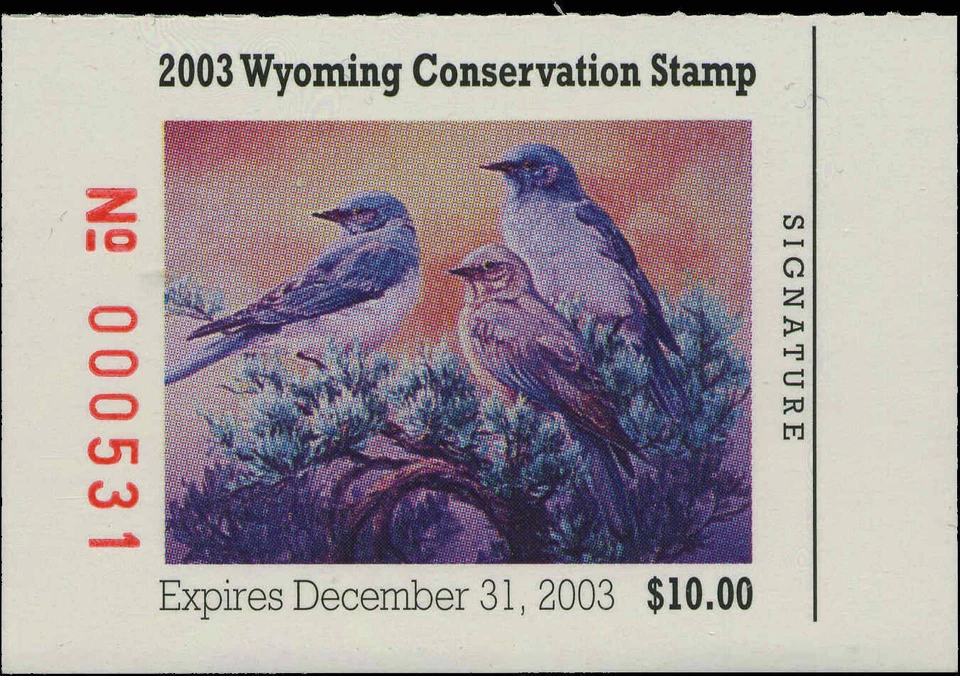 WYOMING #20 2003 STATE DUCK STAMP MOUNTAIN BLUEBIRDS by Renee Piskorski - Image 1 of 1