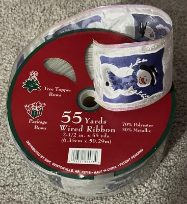 Premium Wired Ribbon 2.5” X 55 Yards White & Blue Glittery Shimmery Snowmen - Image 1 of 3