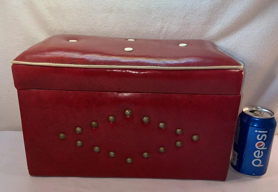 VTG Mini Salesman Sample? Child’s MID-CENTURY Red Naugahyde Vinyl OTTOMAN Chest - Image 1 of 4