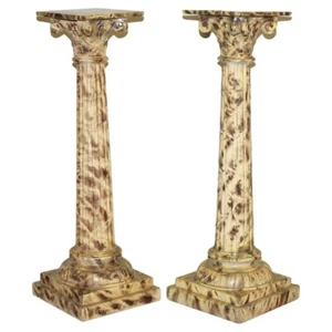 PAIR OF ANTIQUE HAND CARVED CORINTHIAN PILLAR PEDESTAL STANDS FAUX MARBLE PAINT - Picture 1 of 19