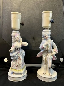 Two (2) Vintage Colonial Lamps Ceramic/Porcelain 9.5" Tall Made in Japan - Work! - Picture 1 of 9