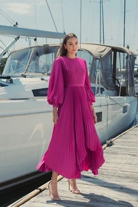MAC DUGGAL Size 12 Pink 11638 Long Sleeve Pleated Cocktail Party MIDI Dress New - Picture 1 of 15