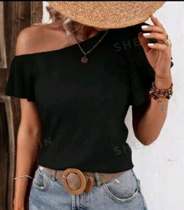 🌹💜💟Shein schulterfreies T-Shirt mit Rüschen Schwarz NEU💐🌹🌹 - Bild 1 von 2