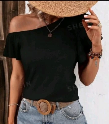 🌹💜💟Shein schulterfreies T-Shirt mit Rüschen Schwarz NEU💐🌹🌹 - Bild 1 von 2