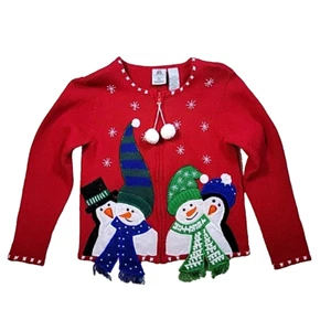 Tiara Girls Full Zip Cardigan Sweater Red Snowman Penguin Size Medium 8/10 - Picture 1 of 17