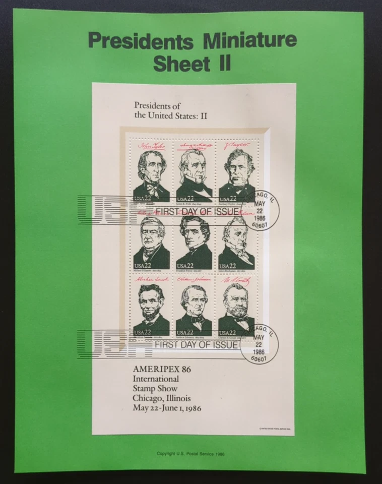 22c AMERIPEX Presidents Sheet II a-i 1986 SOUVENIR PAGE SCOTT # 2217 SP749 - Image 1 of 2