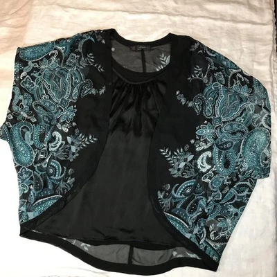 HeartSoul 女式黑色和蓝绿色佩斯利透明覆盖涤纶衬衫 - L 码 — 第 1/4 张图片