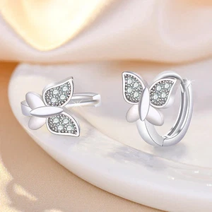Silver Plated Butterfly Shape Hoop Earring Zircon Studded Korean Style for Women - Picture 1 of 3