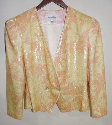 R7 vintage Nolan Miller Jacket 14 Formal Party Yellow & Peach Abstract & Sequins - Image 1 of 4