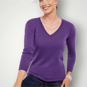 Maglione Talbots Petites 100% cashmere scollo a V PM viola lusso maglia morbida nuovo - Foto 1 di 9