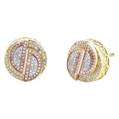 10K Tri-Color Gold Diamond 11mm Offset Pie Geometric Circle Stud Earrings 1/4 CT - Image 1 of 4