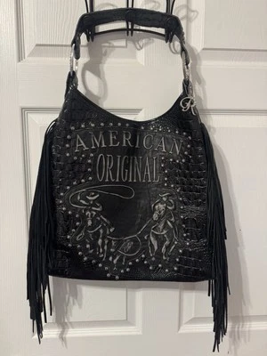 Bolso Cartera Raviani Negro Flecos Western Diseño Cuerda de Becerro en Relieve Foto 1 de 4