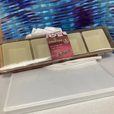 CROFTON 5 PC Serving Set 4 White Square Dipping Bowls 1 Bamboo Tray Party Gift - Image 1 of 4